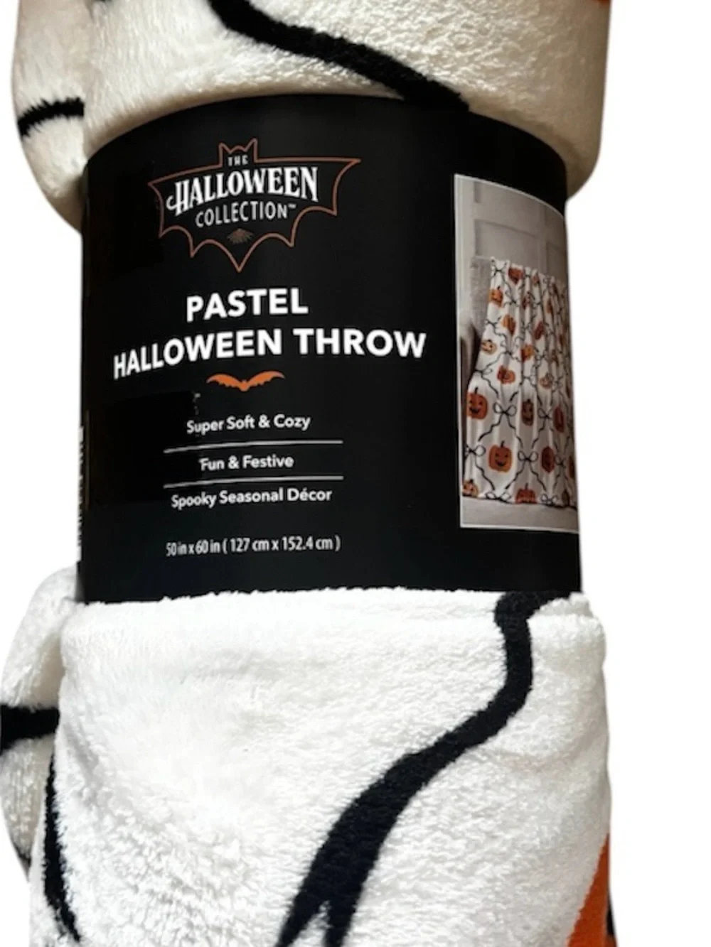 NWT ALDI FAUX FUR HALLOWEEN FALL THROW Pumpkin & Black Ribbon Bows Orange White